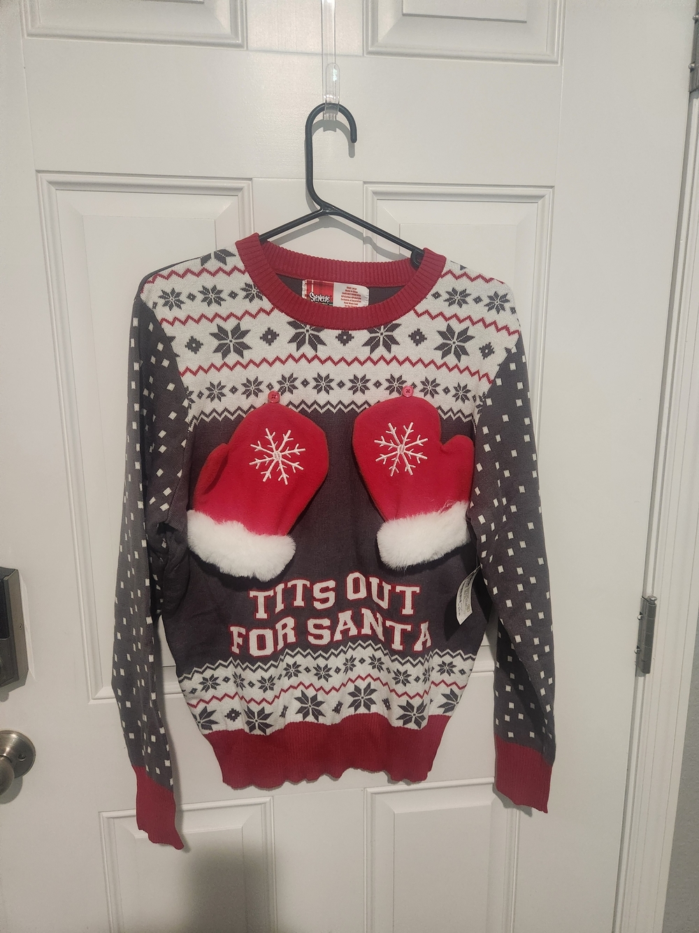 Spencer's Red and Gray V-Neck Holiday Sweater with Mitten Appliqués